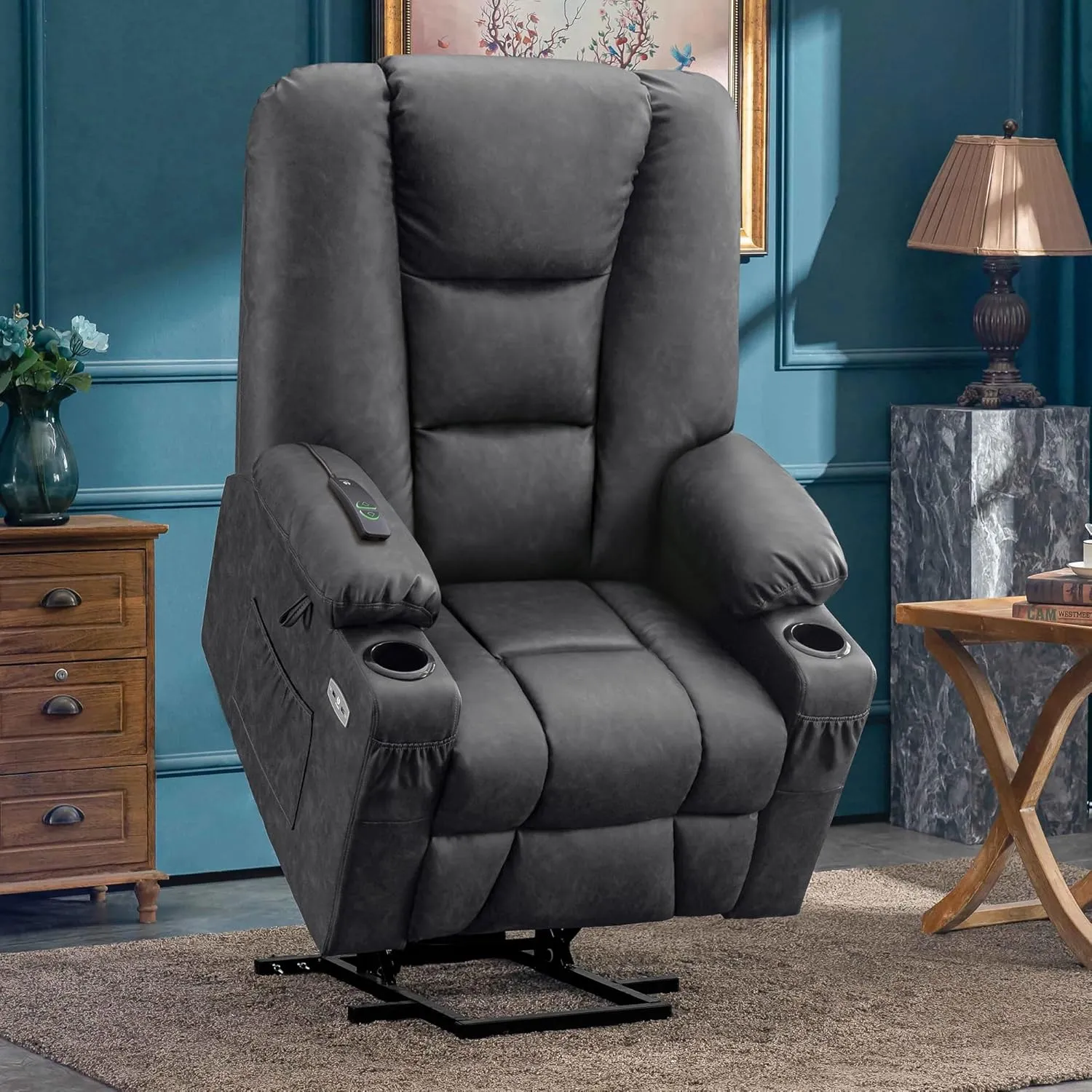 MCombo Large Power Lift Recliner Chair Sofa with Massage and Heat for Big and Tall Elderly People, 3 Positions, Cup Holders, and USB Ports, Faux Leather 7539 (Large, Dark Grey)