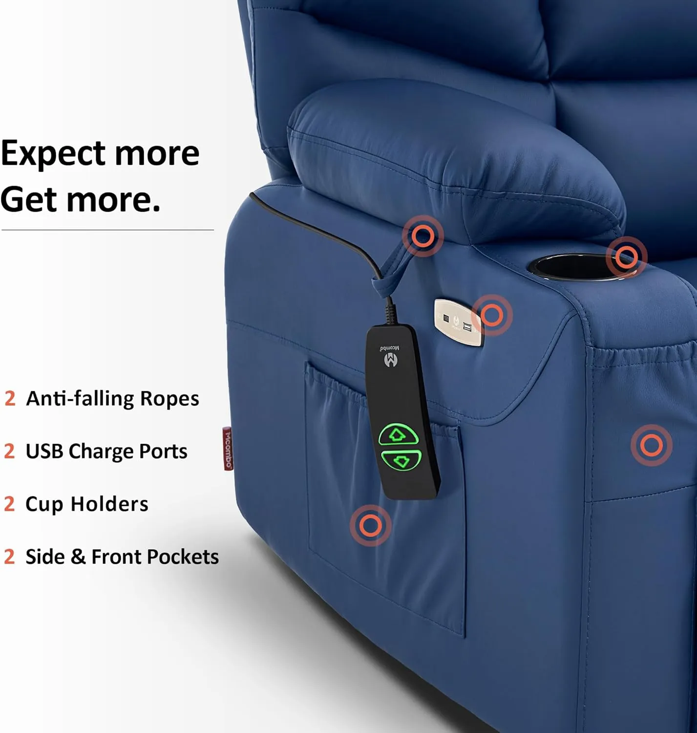 MCombo Power Lift Recliner Chair with Extended Footrest for Elderly People, Faux Leather 7287 (Navy Blue, Medium-Regular)