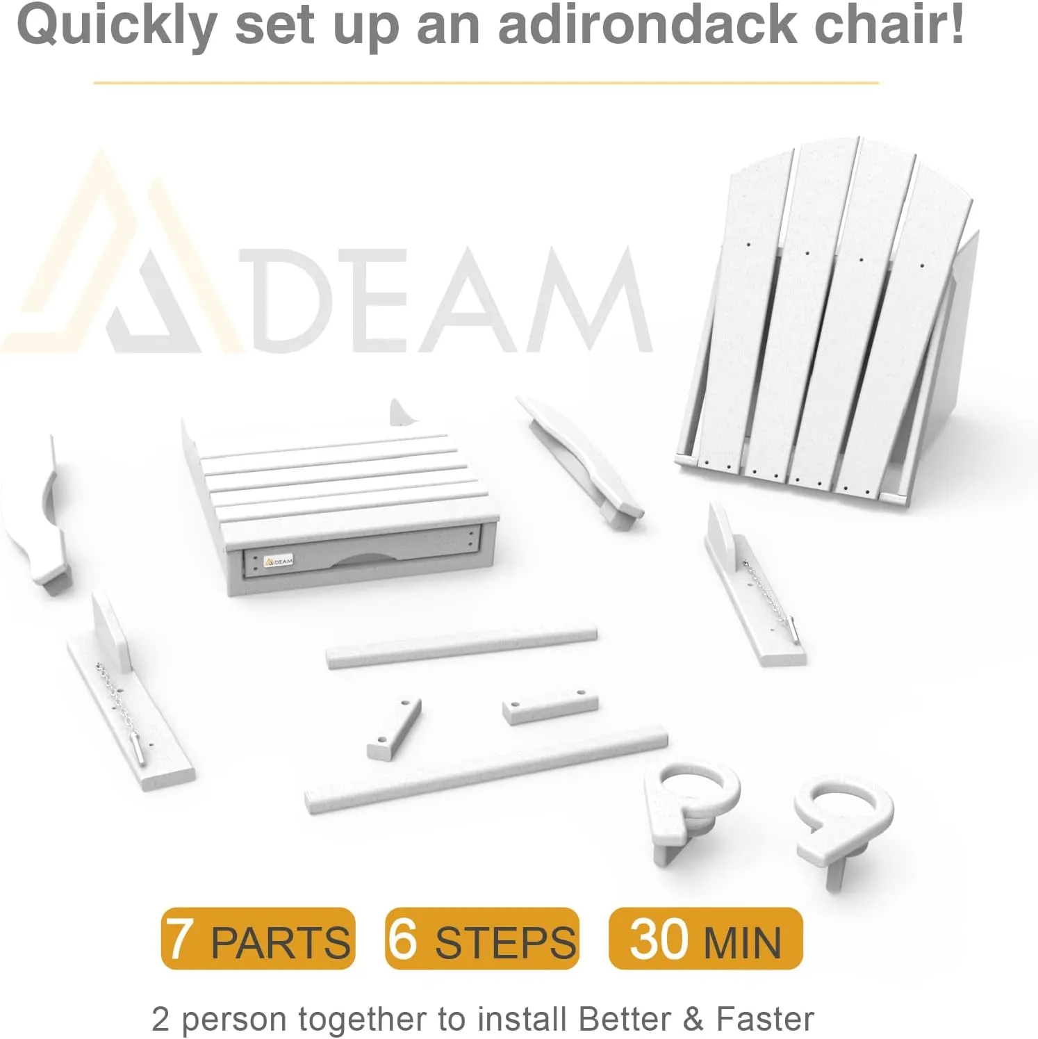 Mdeam Folding Adirondack Chair with Retractable Ottoman, HDPE All-Weather Fire Pit Chair with 2 Cup Holders, Outdoor Chair for Deck Patio Garden Backyard Lawn (White)