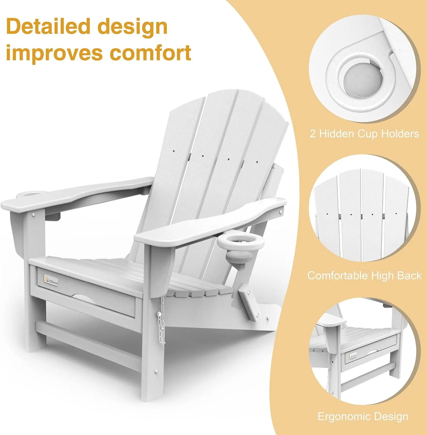 Mdeam Folding Adirondack Chair with Retractable Ottoman, HDPE All-Weather Fire Pit Chair with 2 Cup Holders, Outdoor Chair for Deck Patio Garden Backyard Lawn (White)