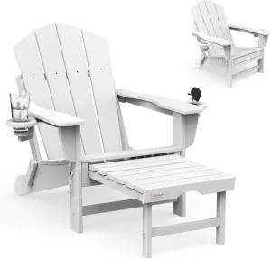 Mdeam Folding Adirondack Chair with Retractable Ottoman, HDPE All-Weather Fire Pit Chair with 2 Cup Holders, Outdoor Chair for Deck Patio Garden Backyard Lawn (White)