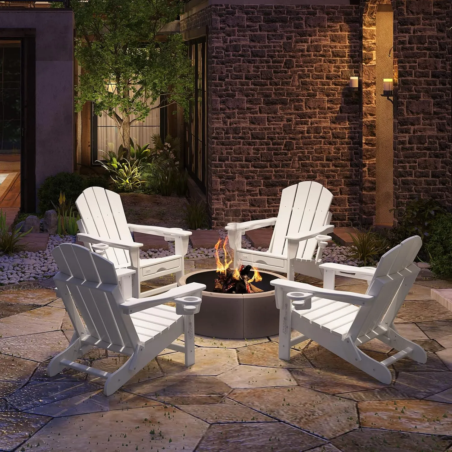 Mdeam Folding Adirondack Chair with Retractable Ottoman, HDPE All-Weather Fire Pit Chair with 2 Cup Holders, Outdoor Chair for Deck Patio Garden Backyard Lawn (White)