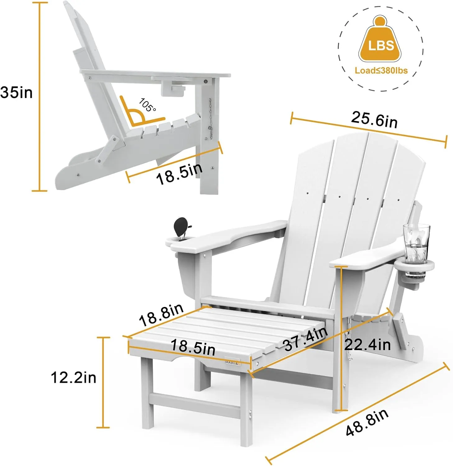 Mdeam Folding Adirondack Chair with Retractable Ottoman, HDPE All-Weather Fire Pit Chair with 2 Cup Holders, Outdoor Chair for Deck Patio Garden Backyard Lawn (White)