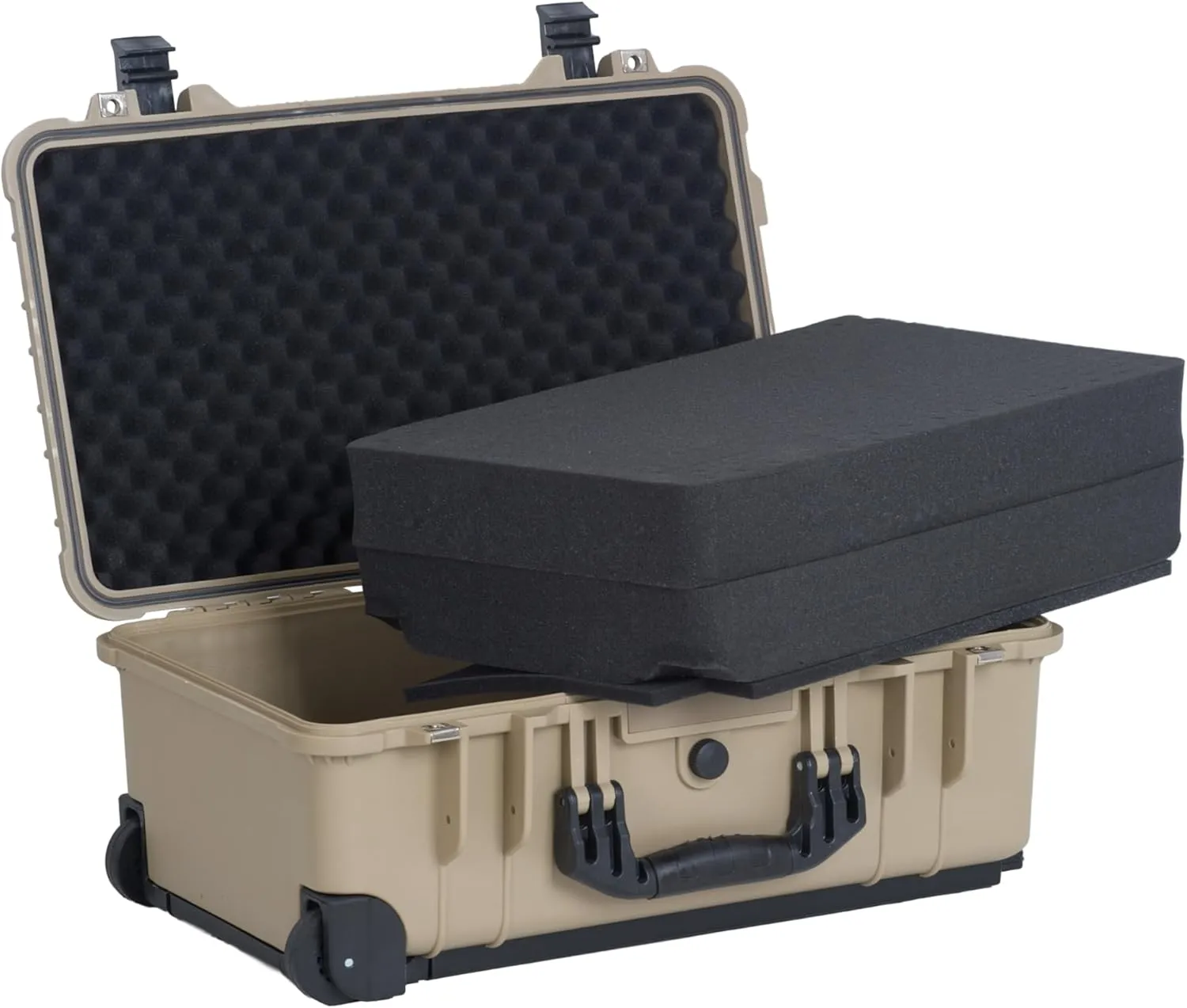 MEIJIA All Weather Rolling Waterproof Protective Case, Hard Camera Case,Dry Case with Retractable Pull Handle and Wheels,Foam Inserted, 22 x13.81x9inches (Desert Tan)