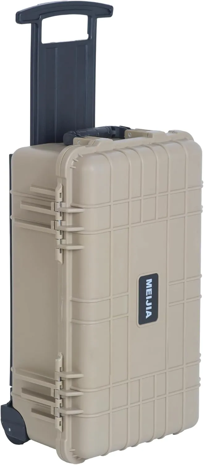 MEIJIA All Weather Rolling Waterproof Protective Case, Hard Camera Case,Dry Case with Retractable Pull Handle and Wheels,Foam Inserted, 22 x13.81x9inches (Desert Tan)