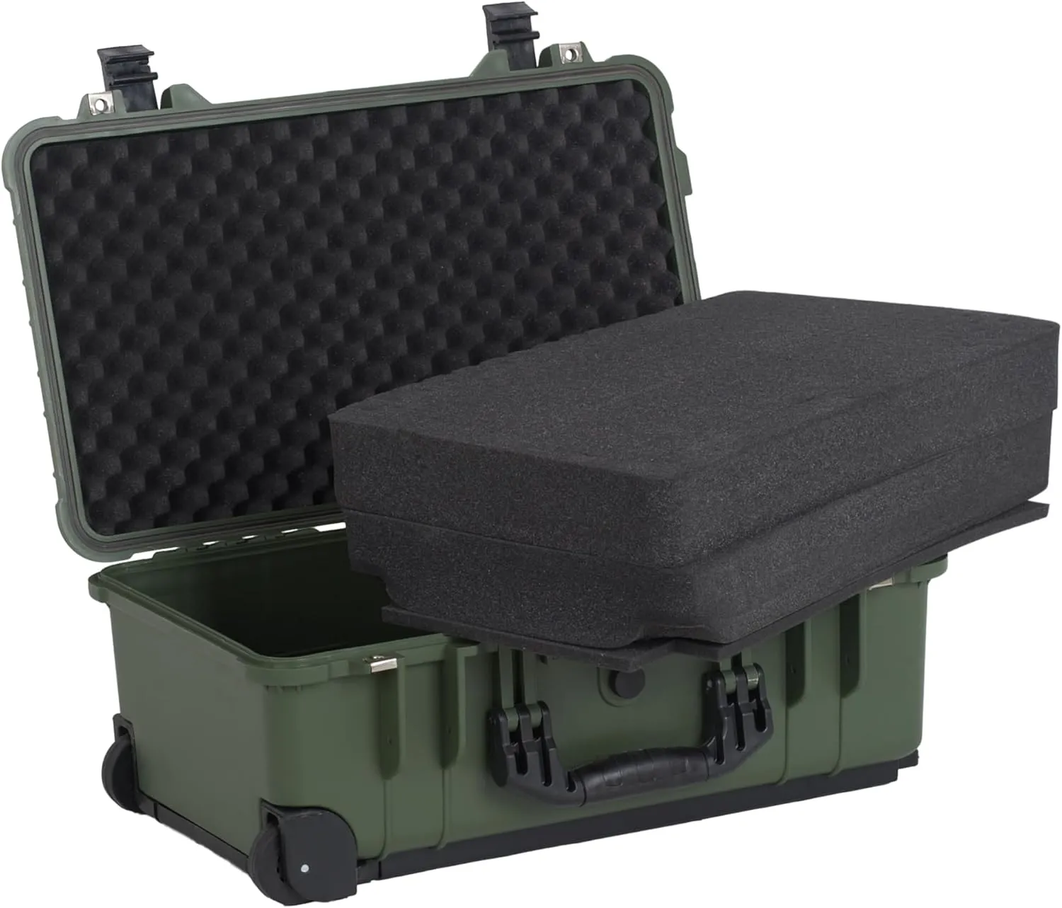 MEIJIA All Weather Rolling Waterproof Protective Case, Hard Camera Case,Dry Case with Retractable Pull Handle and Wheels,Foam Inserted,22 x13.81x9inches (Green)