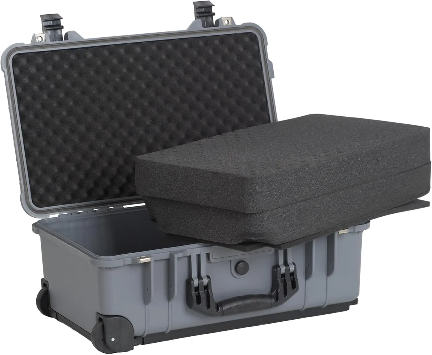 MEIJIA All Weather Rolling Waterproof Protective Case, Hard Camera Case,Dry Case with Retractable Pull Handle and Wheels,Foam Inserted,22 x13.81x9inches (Grey)