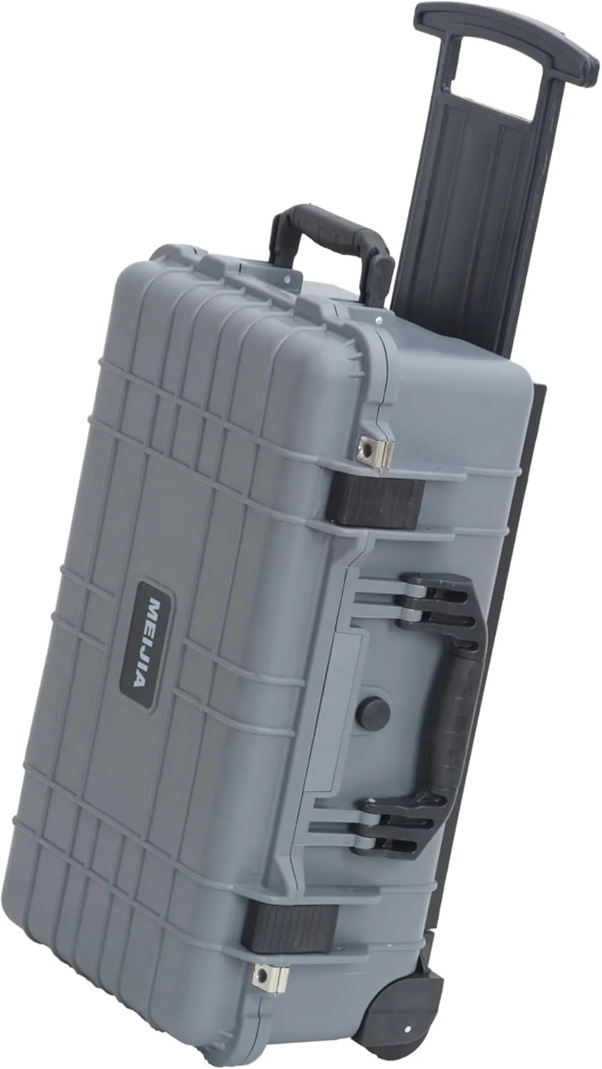 MEIJIA All Weather Rolling Waterproof Protective Case, Hard Camera Case,Dry Case with Retractable Pull Handle and Wheels,Foam Inserted,22 x13.81x9inches (Grey)