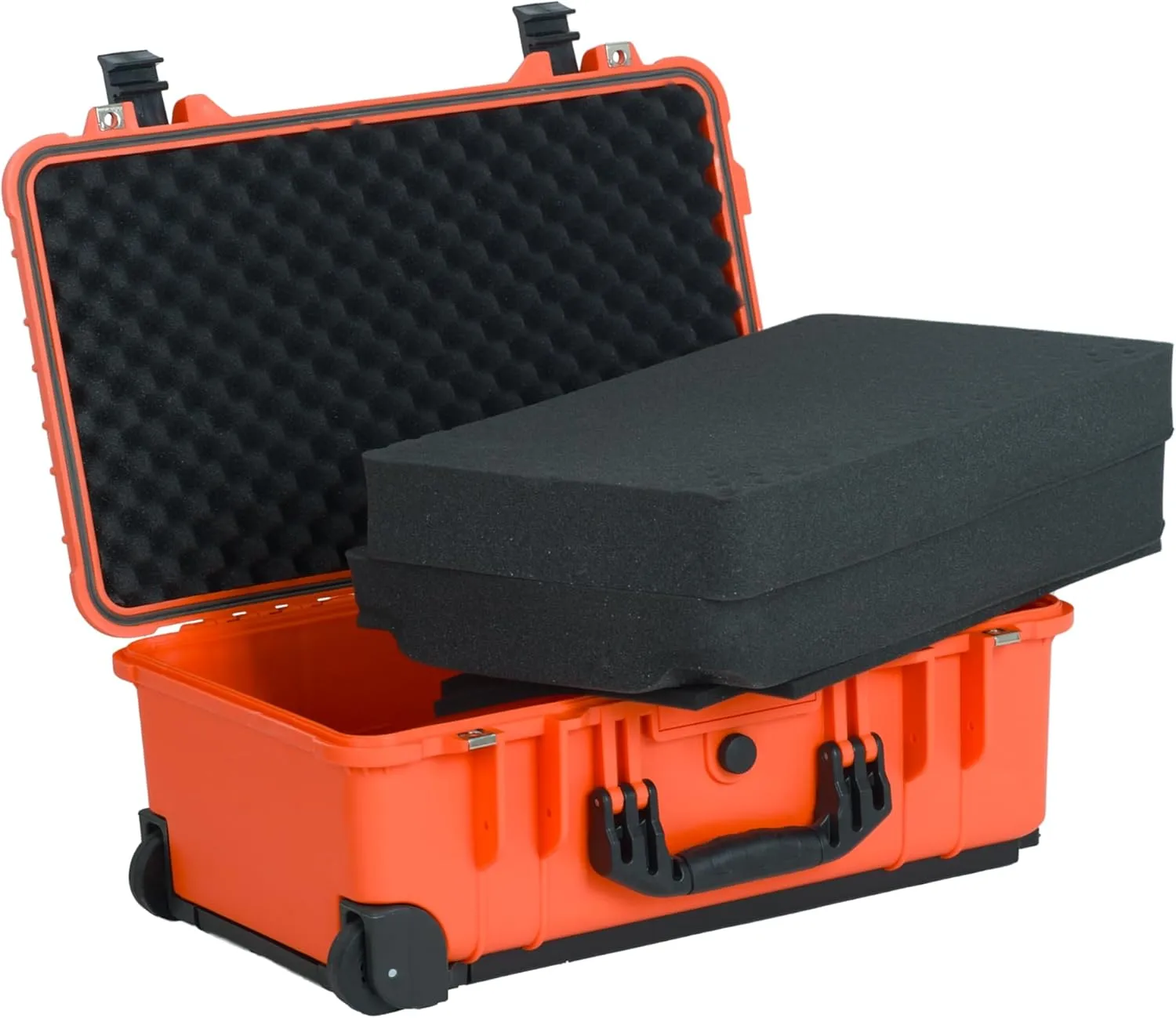 MEIJIA All Weather Rolling Waterproof Protective Case, Hard Camera Case,Dry Case with Retractable Pull Handle and Wheels,Foam Inserted,22 x13.81x9inches (Orange)