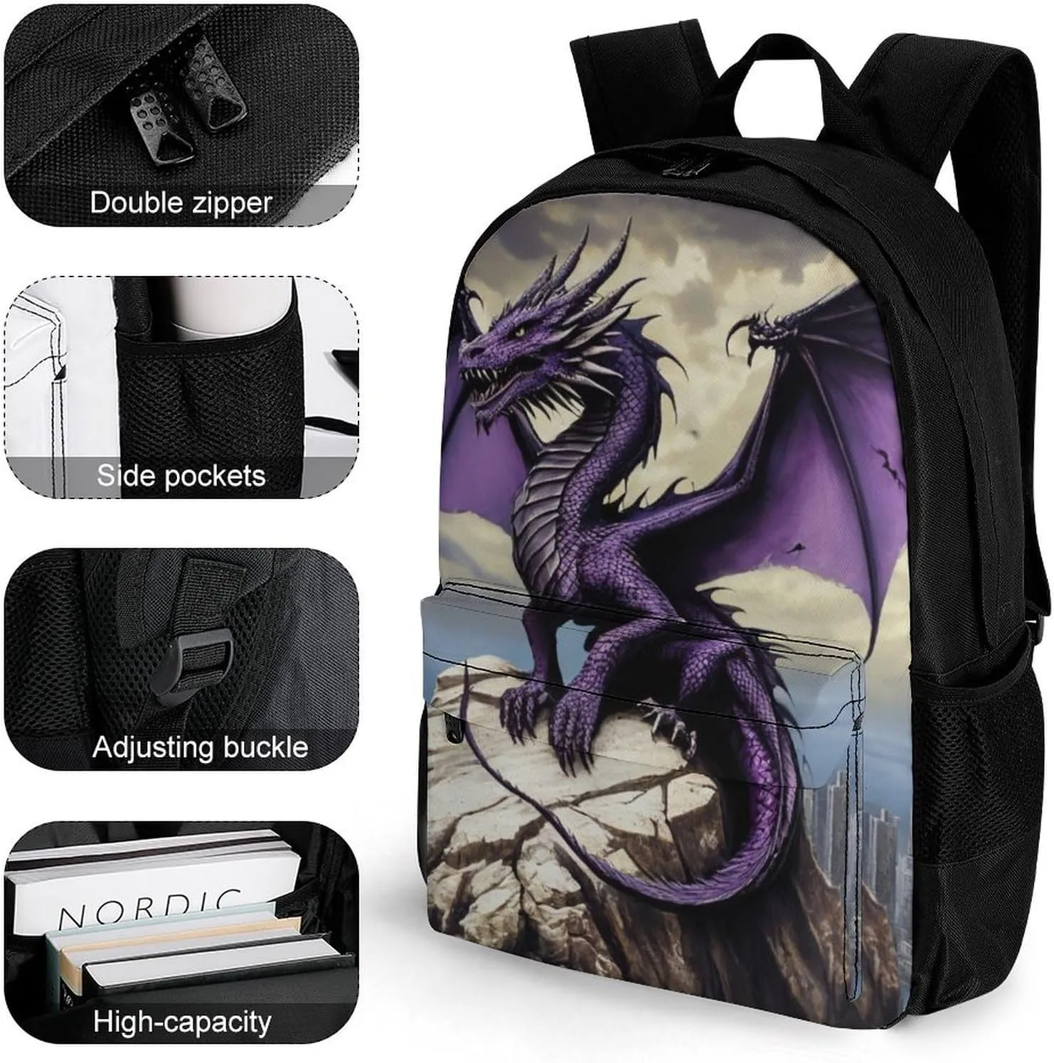 Men & Women Lightweight Cool Fierce Evil Dragon King Casual Daypack Large Capacity Bookbag With Adjustable Shoulder Straps for Gym Business Bicycle