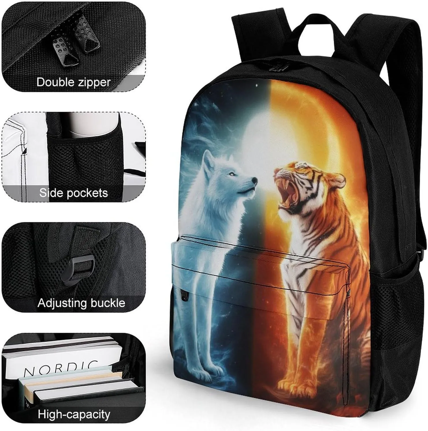 Men & Women Lightweight Sun Moon Wolf Tiger Fire Art Casual Daypack Large Capacity Bookbag With Adjustable Shoulder Straps for Gym Business Bicycle