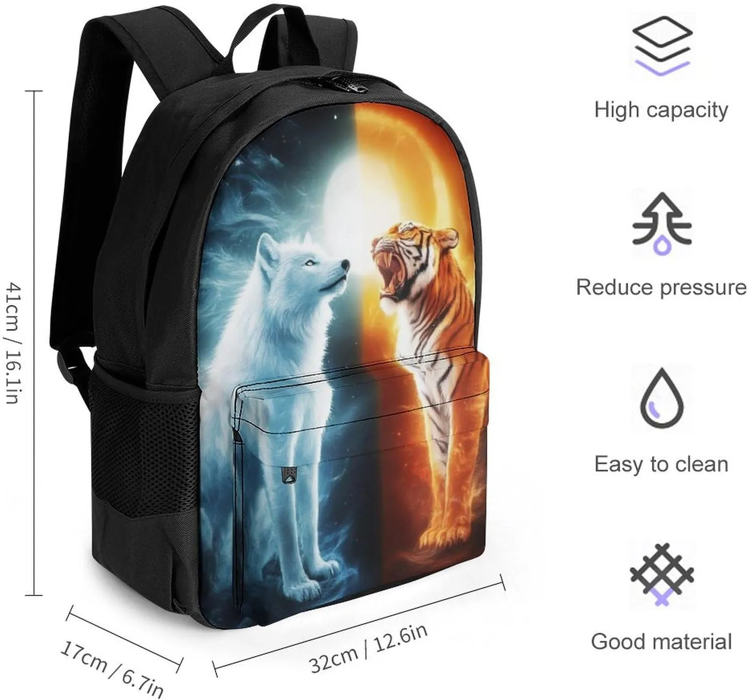 Men & Women Lightweight Sun Moon Wolf Tiger Fire Art Casual Daypack Large Capacity Bookbag With Adjustable Shoulder Straps for Gym Business Bicycle