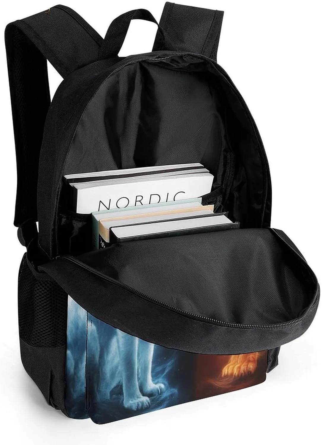 Men & Women Lightweight Sun Moon Wolf Tiger Fire Art Casual Daypack Large Capacity Bookbag With Adjustable Shoulder Straps for Gym Business Bicycle
