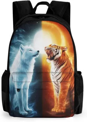 Men & Women Lightweight Sun Moon Wolf Tiger Fire Art Casual Daypack Large Capacity Bookbag With Adjustable Shoulder Straps for Gym Business Bicycle