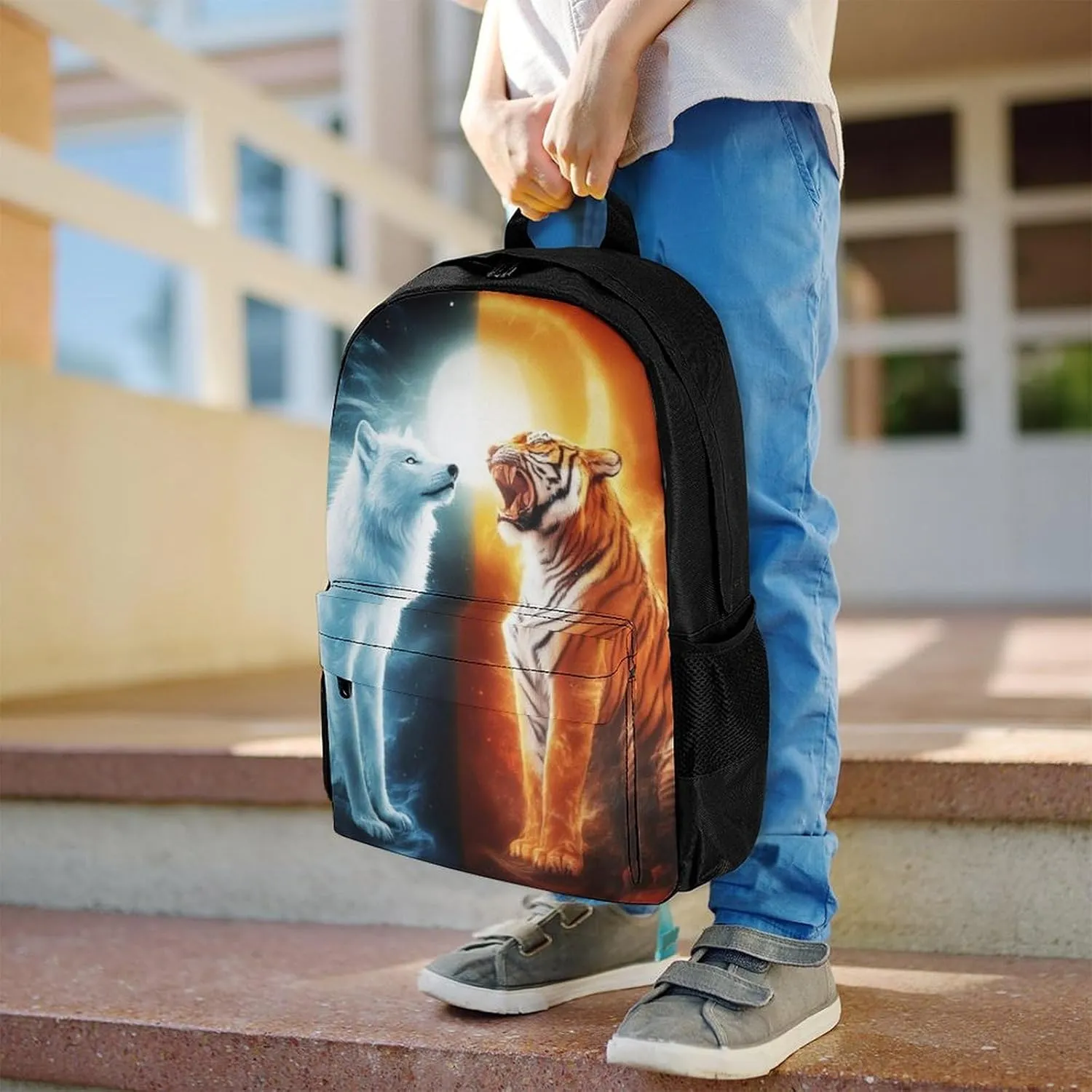 Men & Women Lightweight Sun Moon Wolf Tiger Fire Art Casual Daypack Large Capacity Bookbag With Adjustable Shoulder Straps for Gym Business Bicycle