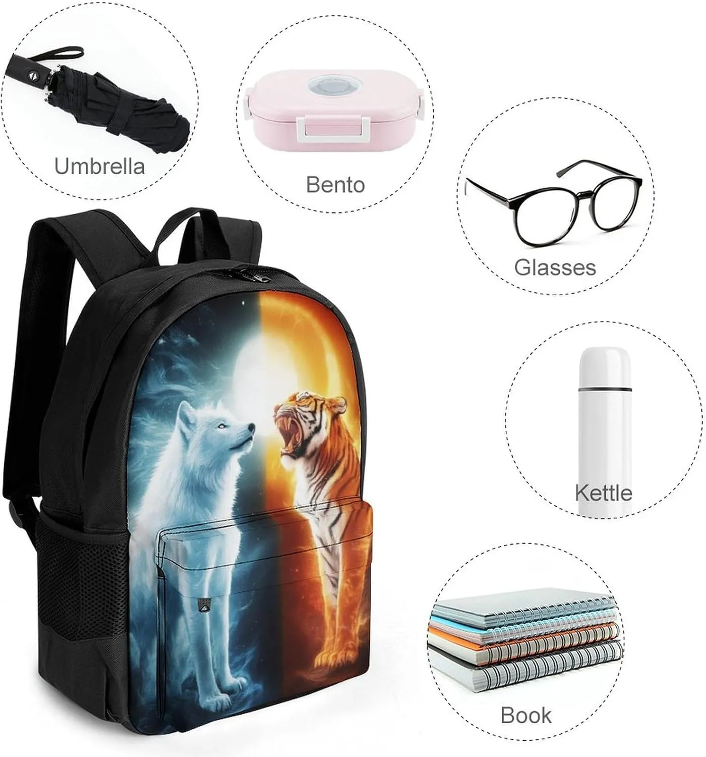 Men & Women Lightweight Sun Moon Wolf Tiger Fire Art Casual Daypack Large Capacity Bookbag With Adjustable Shoulder Straps for Gym Business Bicycle