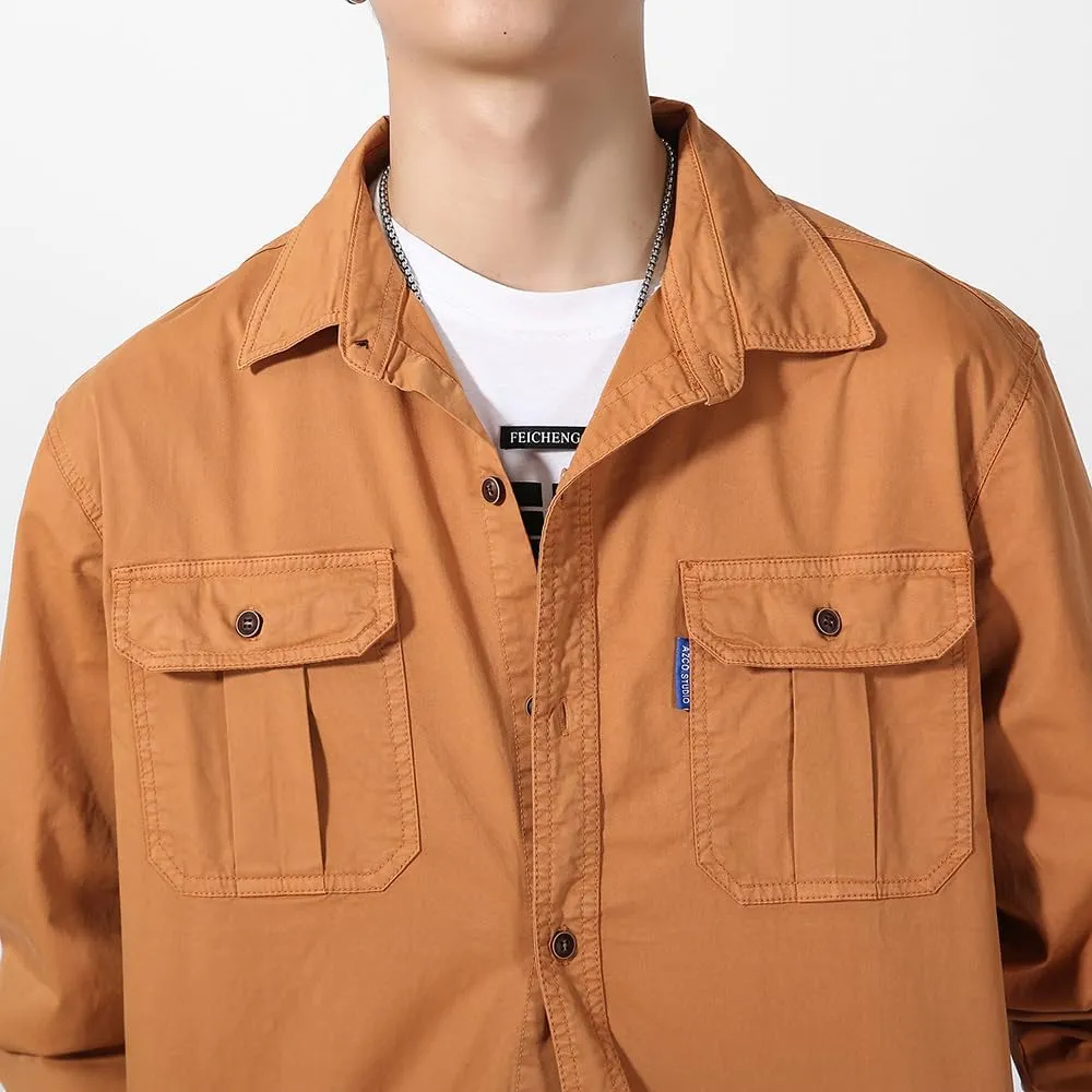Men's Button Down Work Shirts Relaxed Fit Cotton Multi Pockets Long Sleeves Shirts
