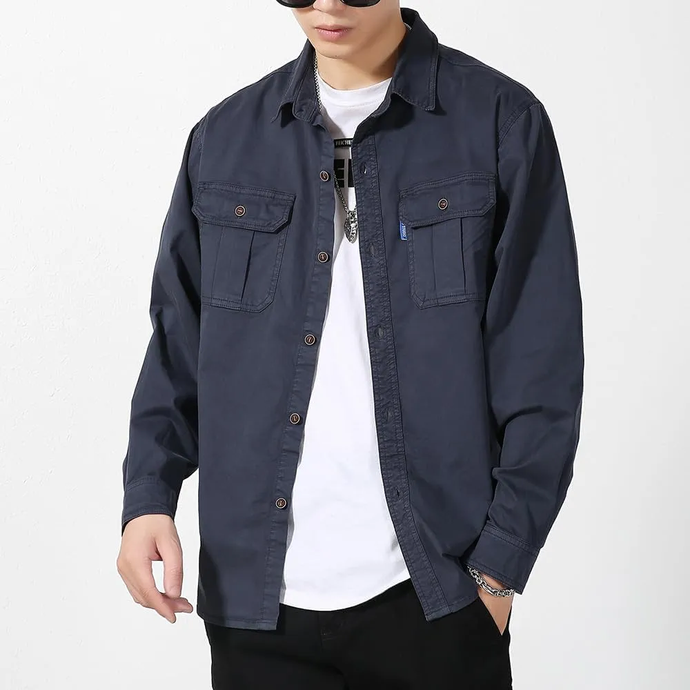 Men's Button Down Work Shirts Relaxed Fit Cotton Multi Pockets Long Sleeves Shirts