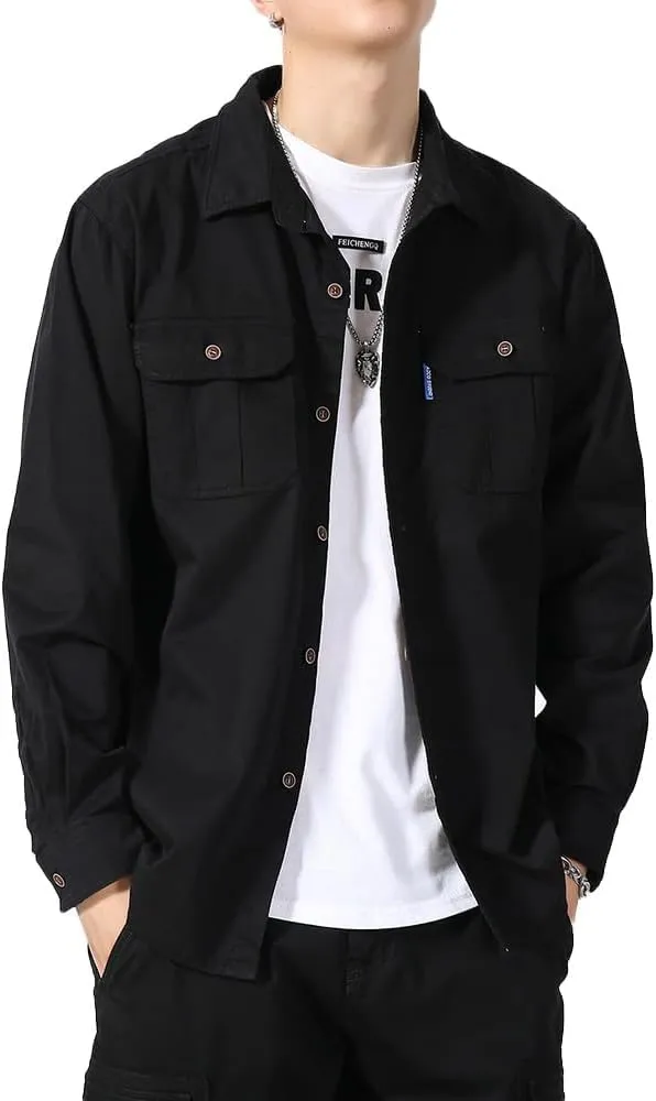Men's Button Down Work Shirts Relaxed Fit Cotton Multi Pockets Long Sleeves Shirts