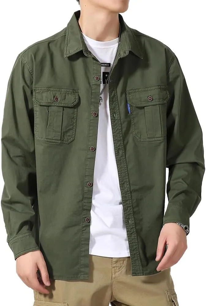 Men's Button Down Work Shirts Relaxed Fit Cotton Multi Pockets Long Sleeves Shirts