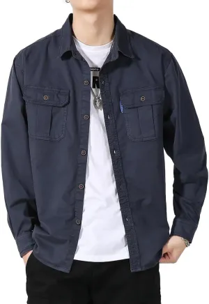 Men's Button Down Work Shirts Relaxed Fit Cotton Multi Pockets Long Sleeves Shirts