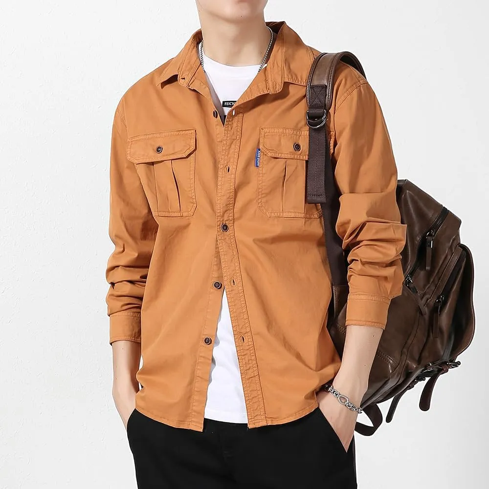 Men's Button Down Work Shirts Relaxed Fit Cotton Multi Pockets Long Sleeves Shirts