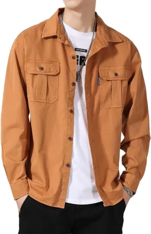 Men's Button Down Work Shirts Relaxed Fit Cotton Multi Pockets Long Sleeves Shirts