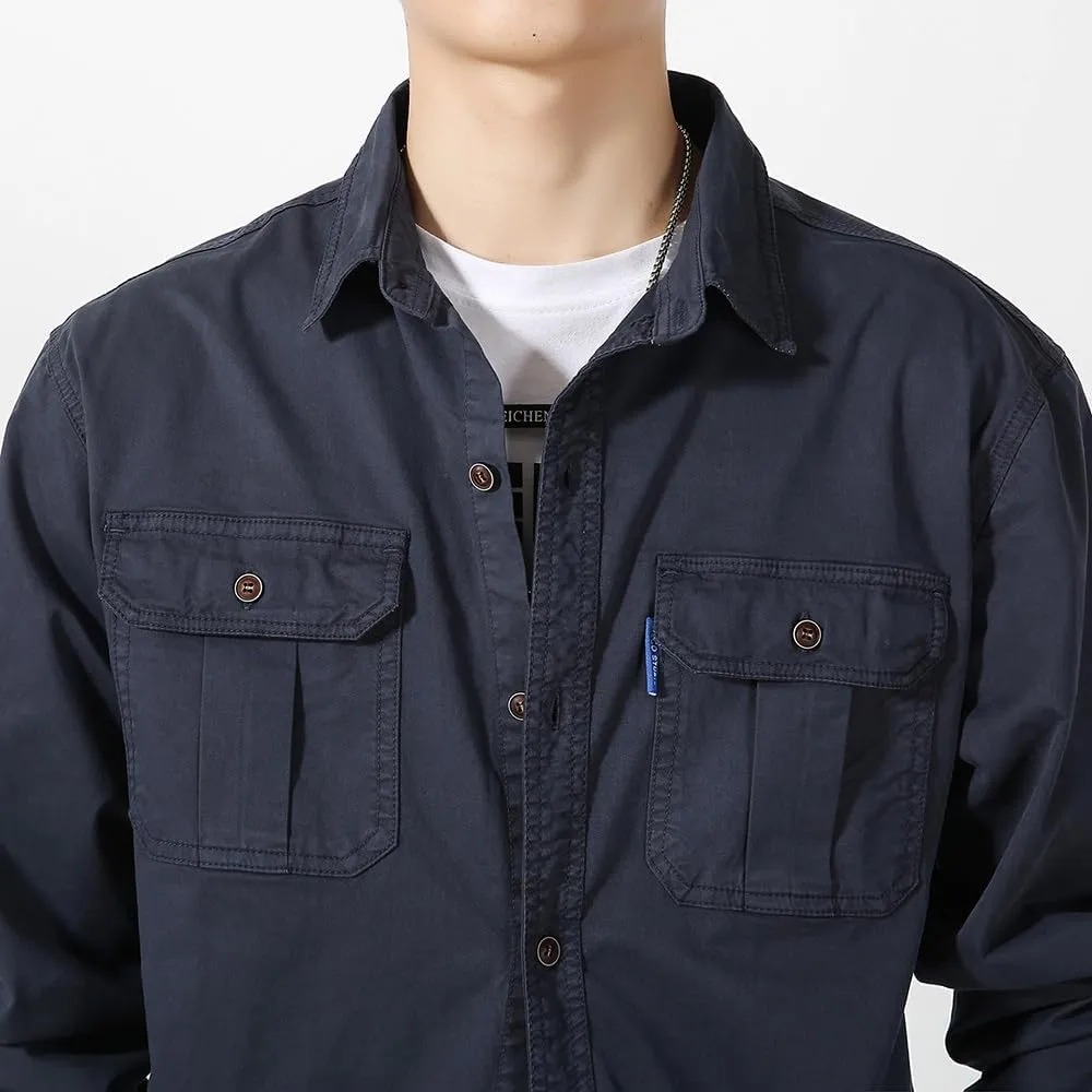 Men's Button Down Work Shirts Relaxed Fit Cotton Multi Pockets Long Sleeves Shirts