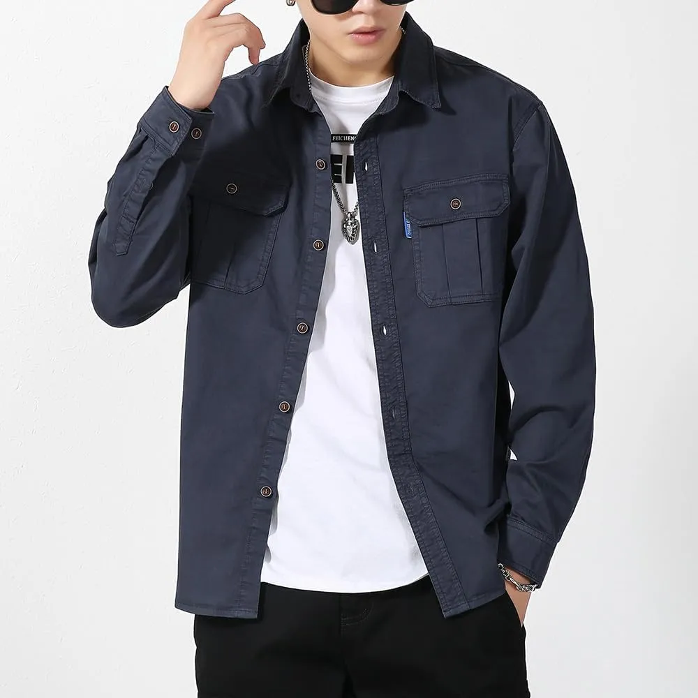 Men's Button Down Work Shirts Relaxed Fit Cotton Multi Pockets Long Sleeves Shirts
