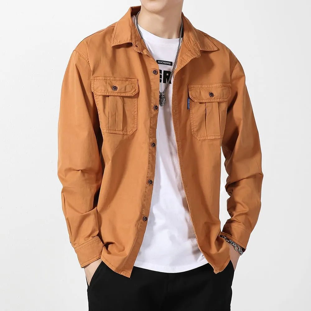 Men's Button Down Work Shirts Relaxed Fit Cotton Multi Pockets Long Sleeves Shirts