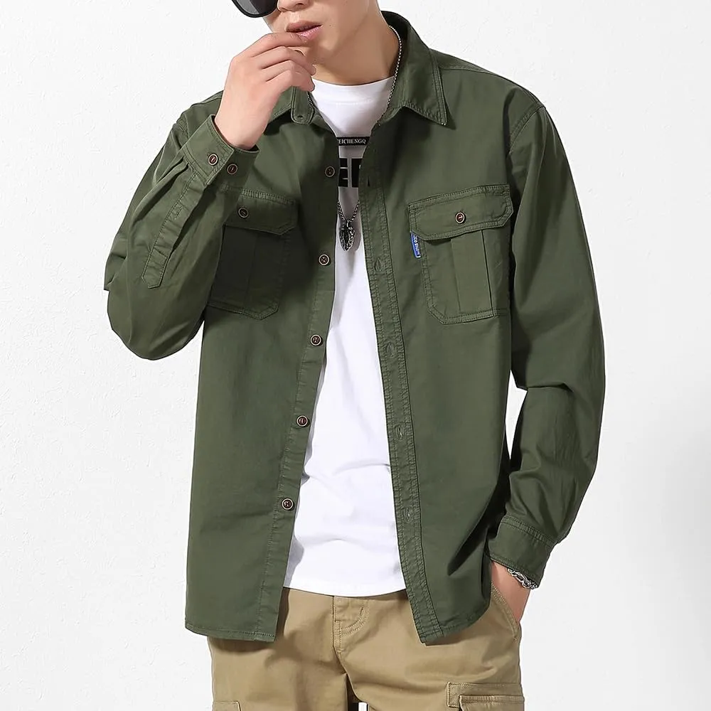 Men's Button Down Work Shirts Relaxed Fit Cotton Multi Pockets Long Sleeves Shirts