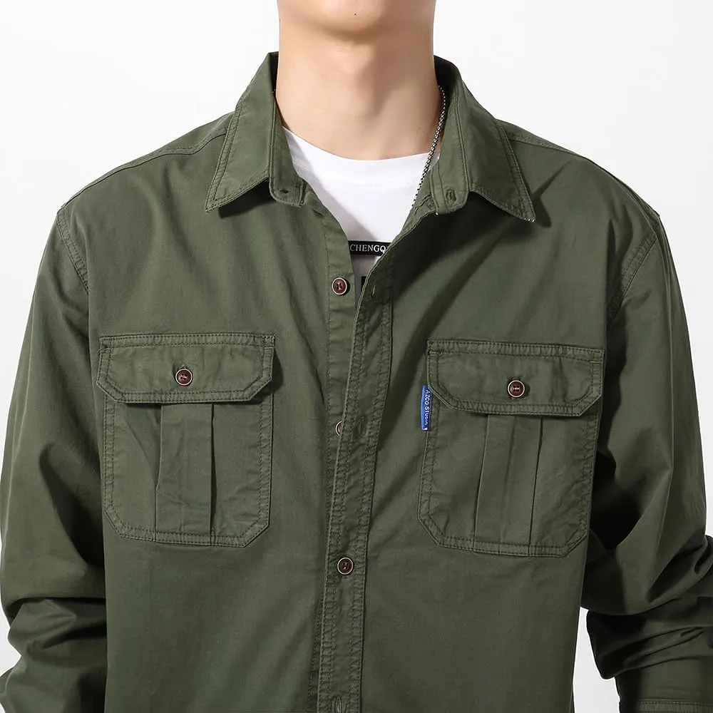 Men's Button Down Work Shirts Relaxed Fit Cotton Multi Pockets Long Sleeves Shirts
