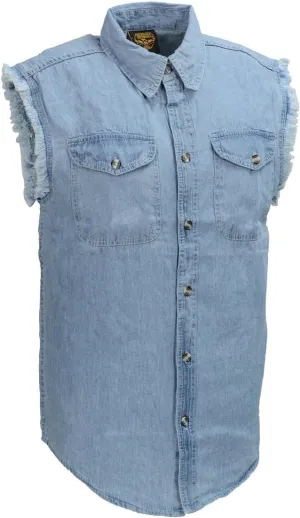 Mens Classic Light Weight Cotton Cut Off Button Down Sleeveless Shirt with Frayed Sleeves Many Colors