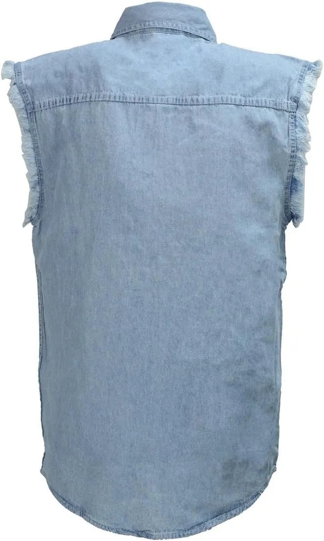Mens Classic Light Weight Cotton Cut Off Button Down Sleeveless Shirt with Frayed Sleeves Many Colors