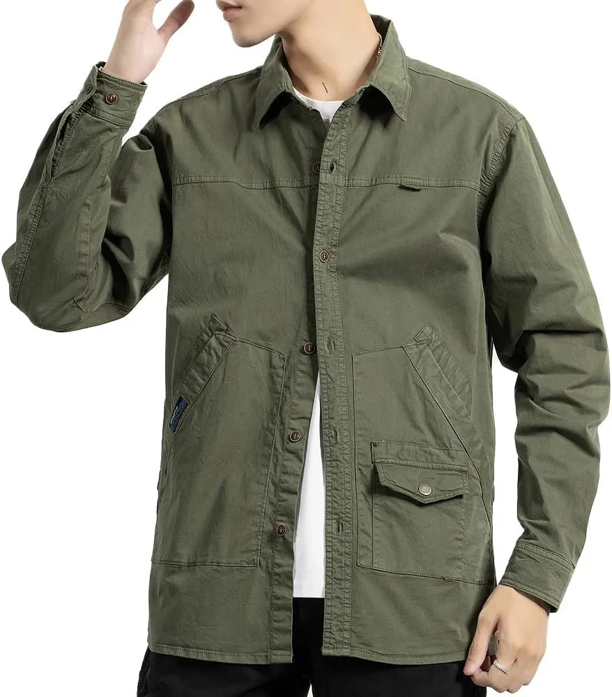 Men's Long Sleeves Work Shirts Relaxed Fit Button Down Multi Pockets Cotton Shirts