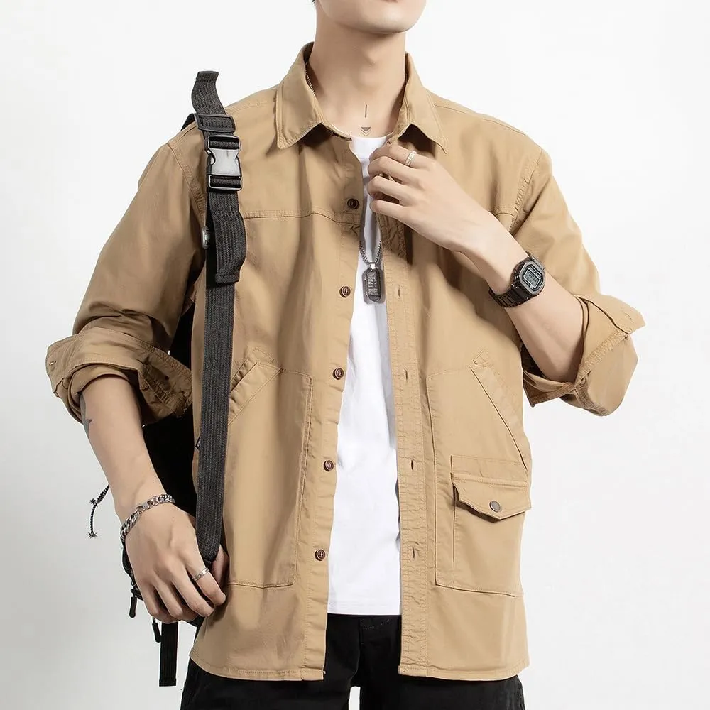 Men's Long Sleeves Work Shirts Relaxed Fit Button Down Multi Pockets Cotton Shirts