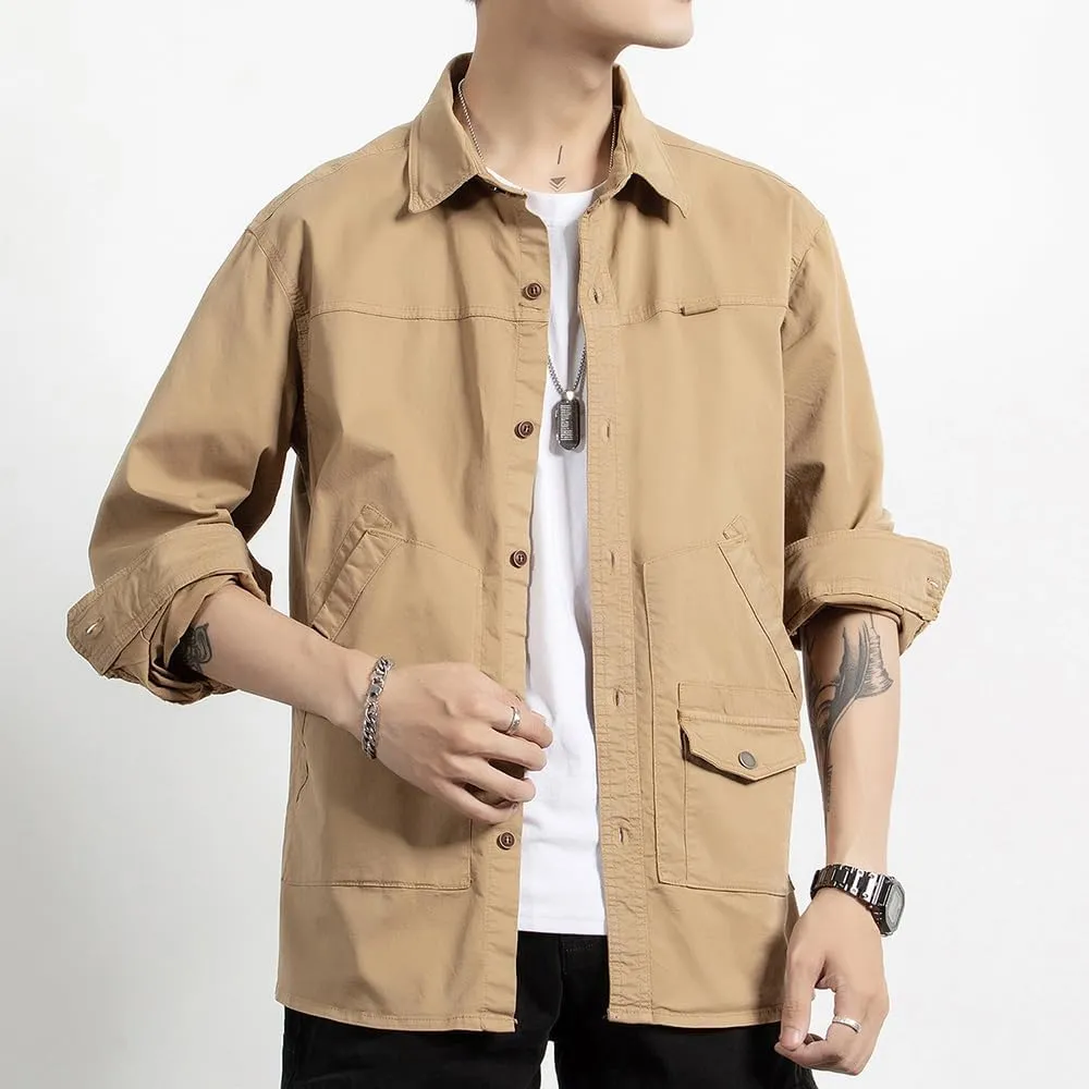 Men's Long Sleeves Work Shirts Relaxed Fit Button Down Multi Pockets Cotton Shirts