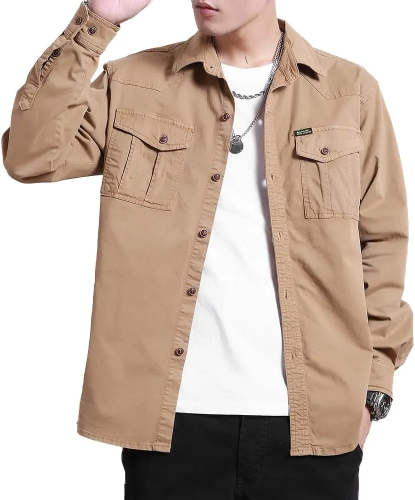 Men's Multi Pockets Work Shirts Relaxed Fit Cotton Button Down Long Sleeves Shirts