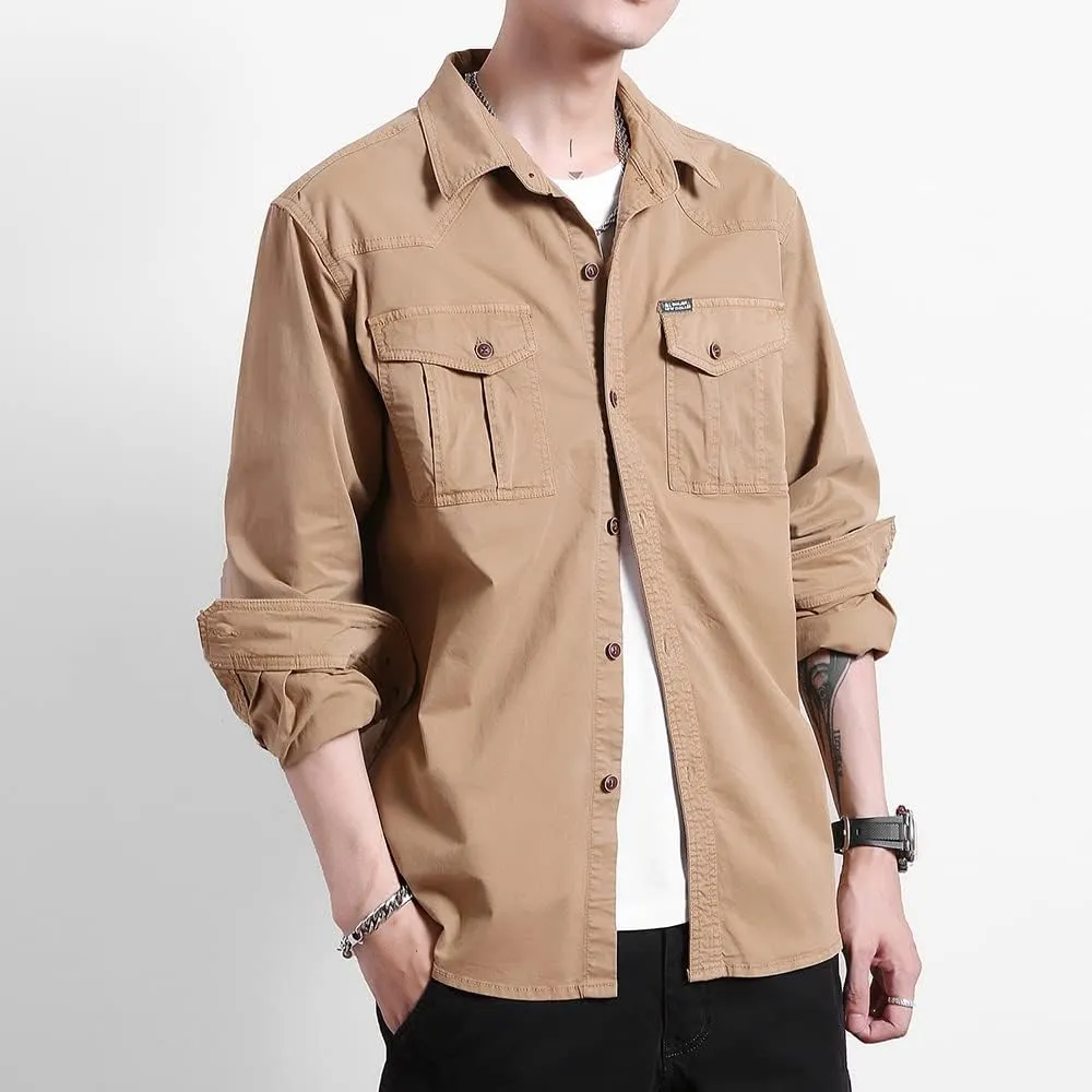 Men's Multi Pockets Work Shirts Relaxed Fit Cotton Button Down Long Sleeves Shirts
