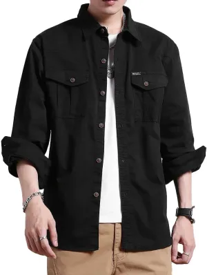 Men's Multi Pockets Work Shirts Relaxed Fit Cotton Button Down Long Sleeves Shirts