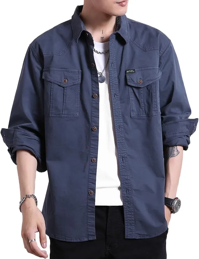Men's Multi Pockets Work Shirts Relaxed Fit Cotton Button Down Long Sleeves Shirts