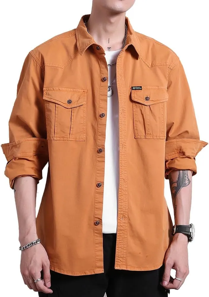 Men's Multi Pockets Work Shirts Relaxed Fit Cotton Button Down Long Sleeves Shirts