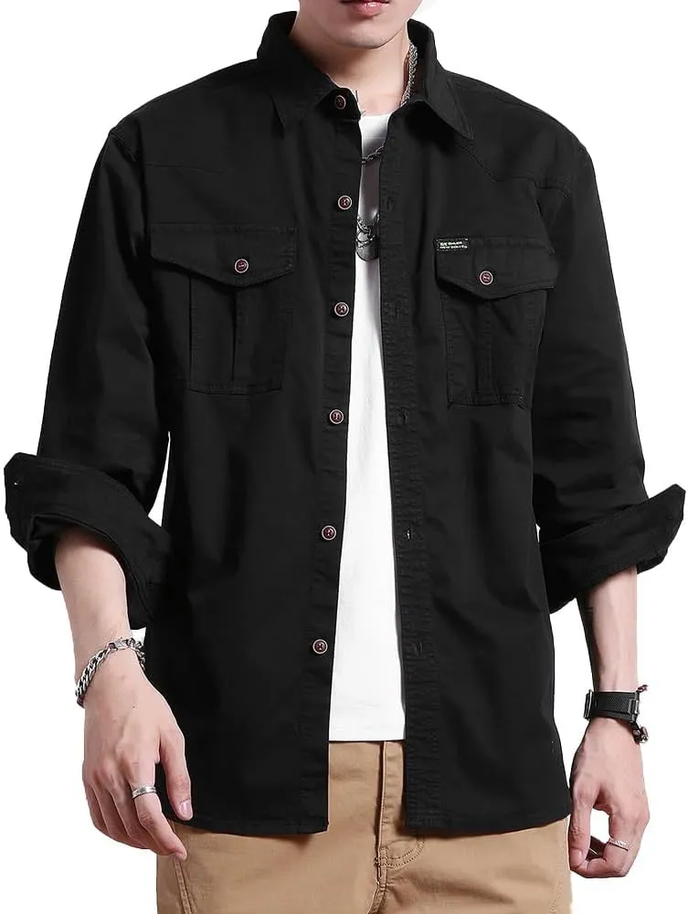 Men's Multi Pockets Work Shirts Relaxed Fit Cotton Button Down Long Sleeves Shirts