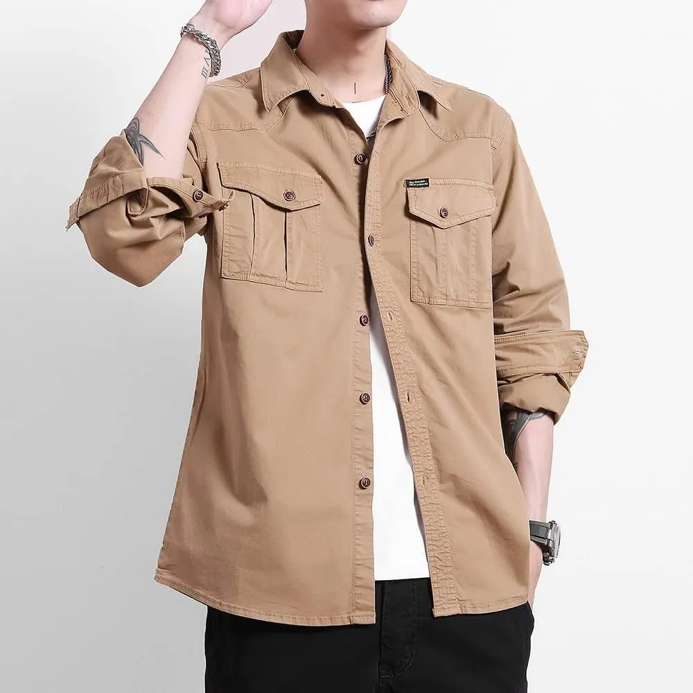 Men's Multi Pockets Work Shirts Relaxed Fit Cotton Button Down Long Sleeves Shirts