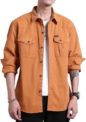 Men's Multi Pockets Work Shirts Relaxed Fit Cotton Button Down Long Sleeves Shirts