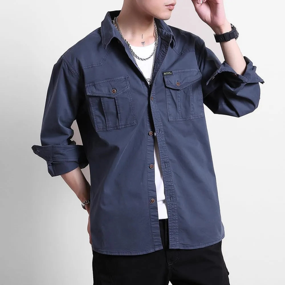 Men's Multi Pockets Work Shirts Relaxed Fit Cotton Button Down Long Sleeves Shirts