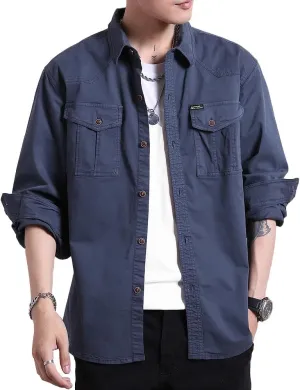 Men's Multi Pockets Work Shirts Relaxed Fit Cotton Button Down Long Sleeves Shirts