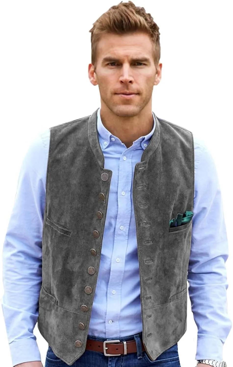 Men's Suede Leather Vest Casual Western Cowboy Jacket Wedding Waistcoat
