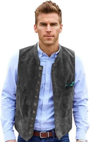 Men's Suede Leather Vest Casual Western Cowboy Jacket Wedding Waistcoat