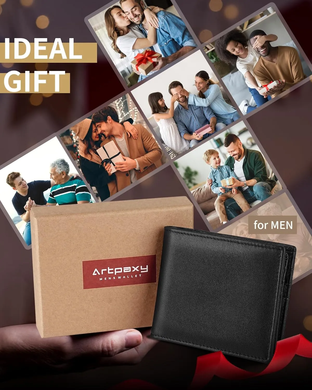 Mens Wallet Genuine Leather Bifold RFID Blocking Wallet for Men with 2 ID Windows 11 Card Holders 2 cash pockets 1 Gift Box